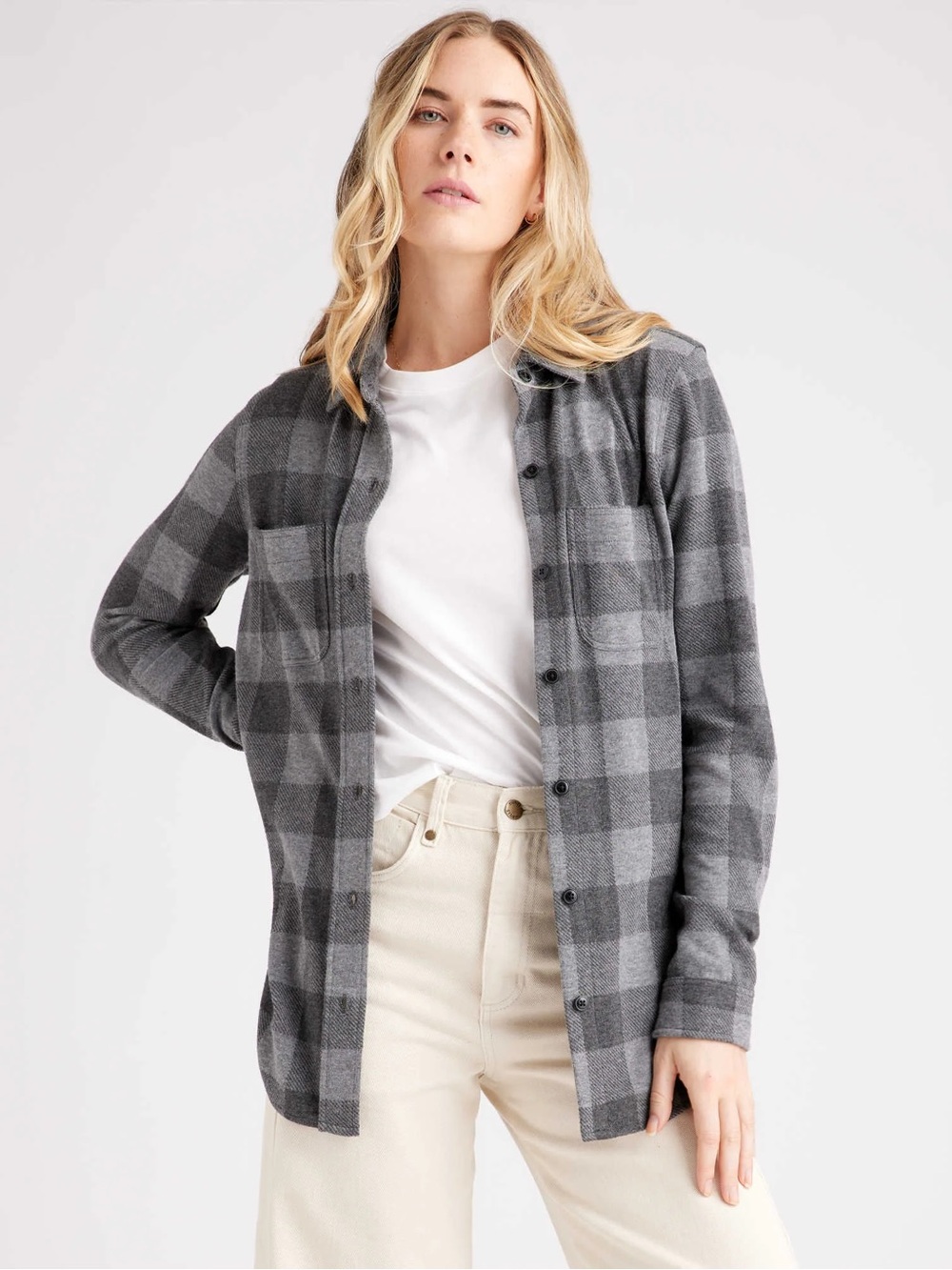 Quince Soft Stretchy Flannel Plaid Button-Up Shirt Pockets Size Medium